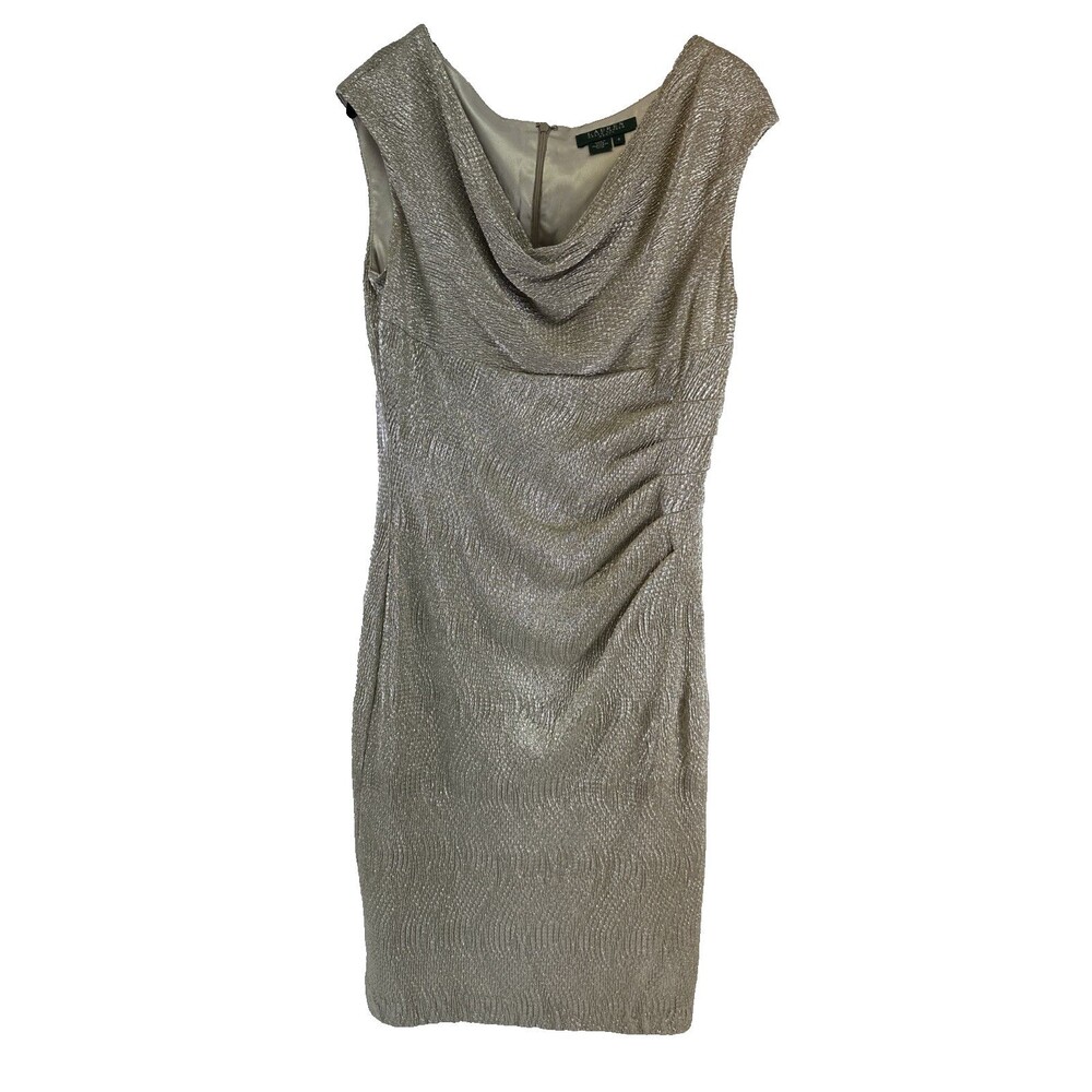 Lauren Ralph Lauren Dress Sheath Crepe Gold Cowl Neck Sleeveless Ruched Womens 8